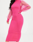 Patchwork Work Dress Women Solid See Through Mesh Sleeve Neck Skinny Bodycon Party Club Maxi Dress