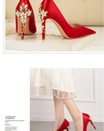 Women's Metal Flowers Stiletto High-heel Shoes Female New Light Luxury Sexy Fashion Wedding Shoes Pointed Toe Satin Single Shoes