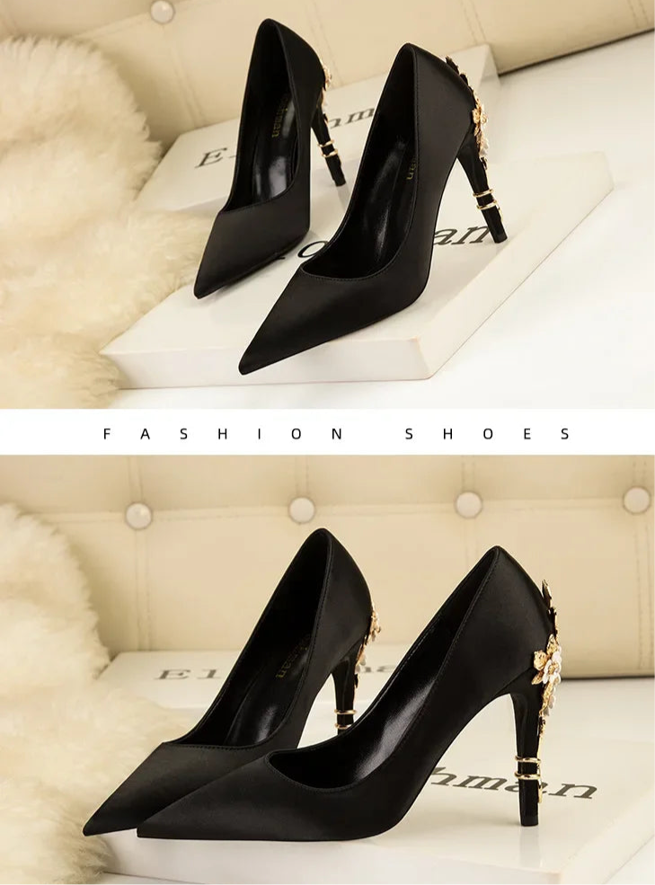 Women's Metal Flowers Stiletto High-heel Shoes Female New Light Luxury Sexy Fashion Wedding Shoes Pointed Toe Satin Single Shoes