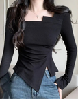 Irregular T Shirt for Women Autumn Slim Crop Top  Long Sleeve Solid Ladies Tshirts Femme ClothingNew