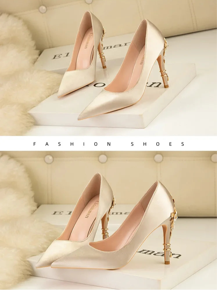 Women's Metal Flowers Stiletto High-heel Shoes Female New Light Luxury Sexy Fashion Wedding Shoes Pointed Toe Satin Single Shoes