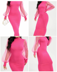 Patchwork Work Dress Women Solid See Through Mesh Sleeve Neck Skinny Bodycon Party Club Maxi Dress