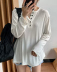 SuperAen 2024 Spring New Simple Color Buckle Pullover V-neck Long Sleeve