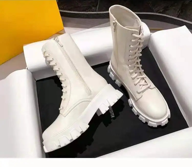 New Mid Calf Boots Women Autumn Winter Fashion Lace-up Ladies Chelsea Zipper Botas Mujer Boots Sports Platform Heel Ladies Shoes