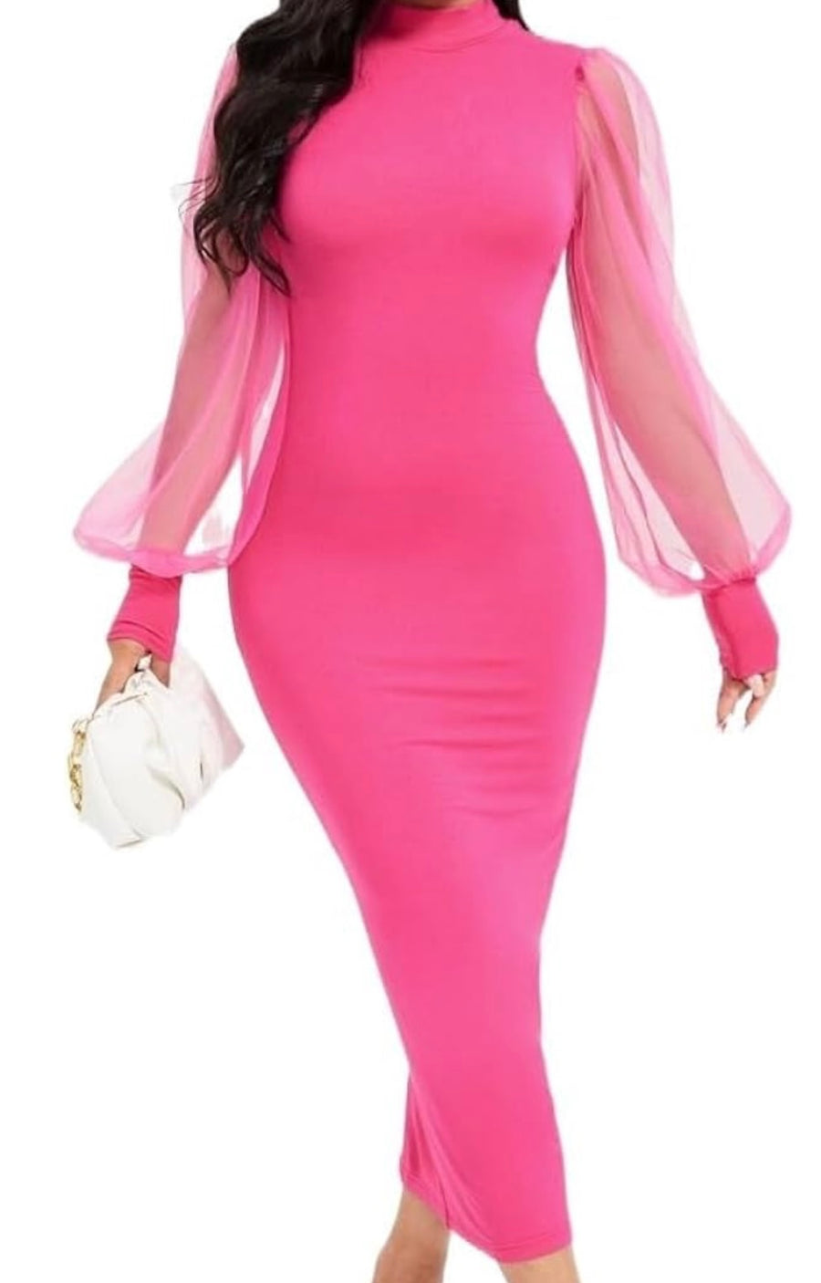 Patchwork Work Dress Women Solid See Through Mesh Sleeve Neck Skinny Bodycon Party Club Maxi Dress