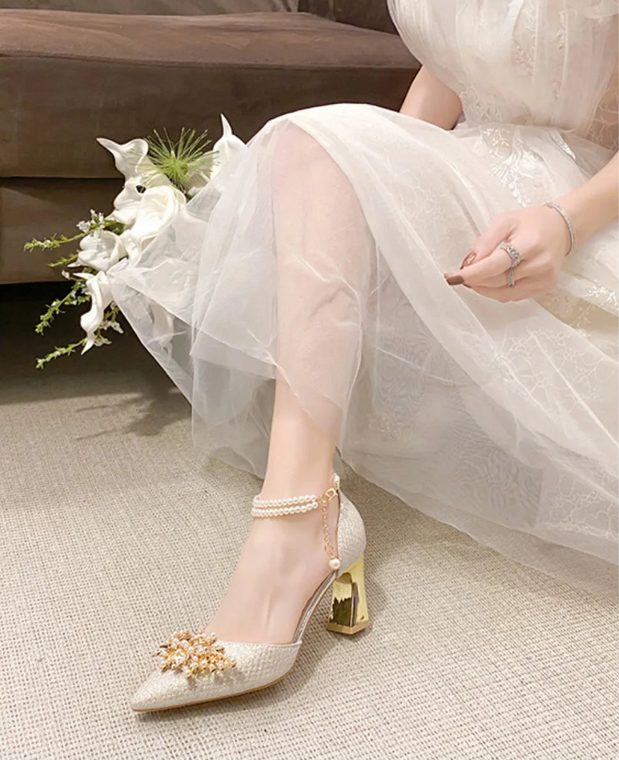 Shoes Women Summer High Heels Women Wedding Shoes Luxury Bride Gold Heels Mary Jane Shoes Ladies Pumps Sandals Zapatos De Mujer