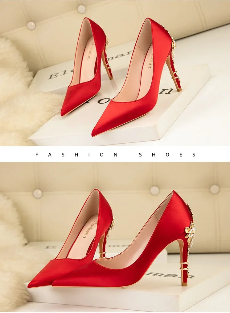 Women's Metal Flowers Stiletto High-heel Shoes Female New Light Luxury Sexy Fashion Wedding Shoes Pointed Toe Satin Single Shoes