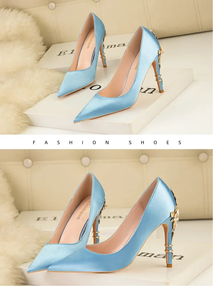 Women's Metal Flowers Stiletto High-heel Shoes Female New Light Luxury Sexy Fashion Wedding Shoes Pointed Toe Satin Single Shoes