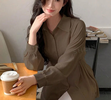 Women Solid Color Long Sleeve Casual Loose Waist Shirt