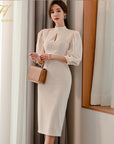 H Han Queen Hot sale Autumn Fashion Stand Collar Puff Sleeve Female Pencil bodycon Dress Slim Solid color Midi Casual Dresses