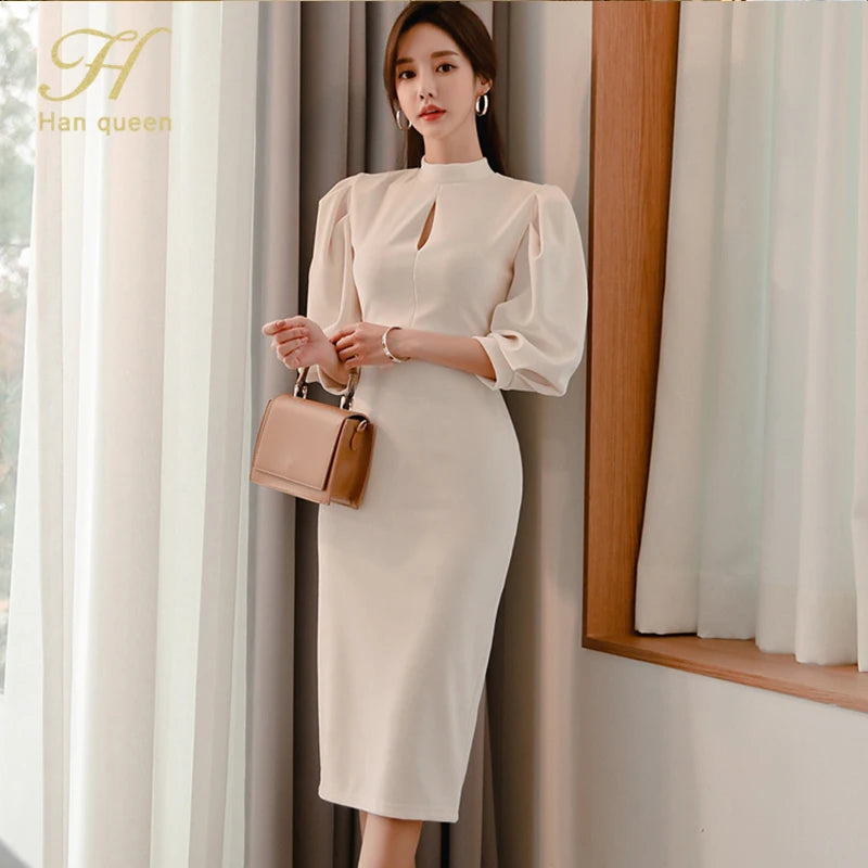 H Han Queen Hot sale Autumn Fashion Stand Collar Puff Sleeve Female Pencil bodycon Dress Slim Solid color Midi Casual Dresses