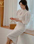 H Han Queen Hot sale Autumn Fashion Stand Collar Puff Sleeve Female Pencil bodycon Dress Slim Solid color Midi Casual Dresses