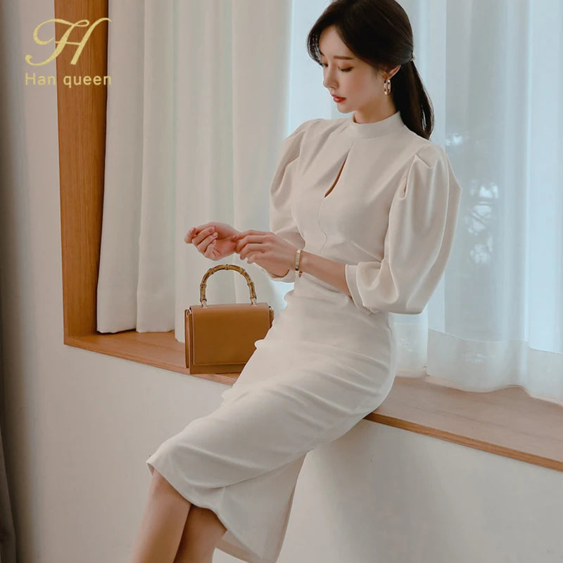 H Han Queen Hot sale Autumn Fashion Stand Collar Puff Sleeve Female Pencil bodycon Dress Slim Solid color Midi Casual Dresses