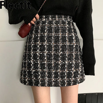 Fall Winter Plaid Wool Skirt Womens Plus Size Thick Woolen Glitter Mini Tweed Skirt Saia Feminina