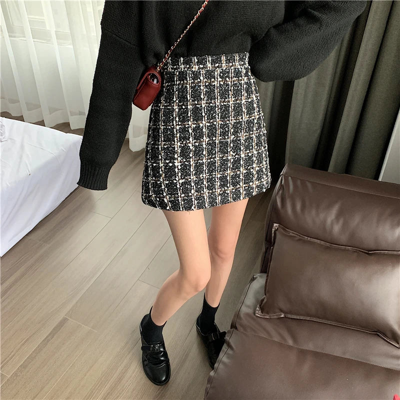 Fall Winter Plaid Wool Skirt Womens Plus Size Thick Woolen Glitter Mini Tweed Skirt Saia Feminina