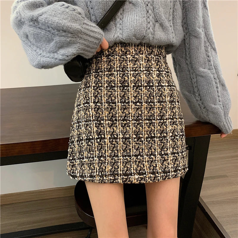 Fall Winter Plaid Wool Skirt Womens Plus Size Thick Woolen Glitter Mini Tweed Skirt Saia Feminina