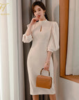 H Han Queen Hot sale Autumn Fashion Stand Collar Puff Sleeve Female Pencil bodycon Dress Slim Solid color Midi Casual Dresses