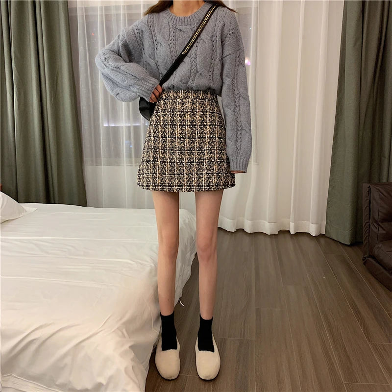 Fall Winter Plaid Wool Skirt Womens Plus Size Thick Woolen Glitter Mini Tweed Skirt Saia Feminina