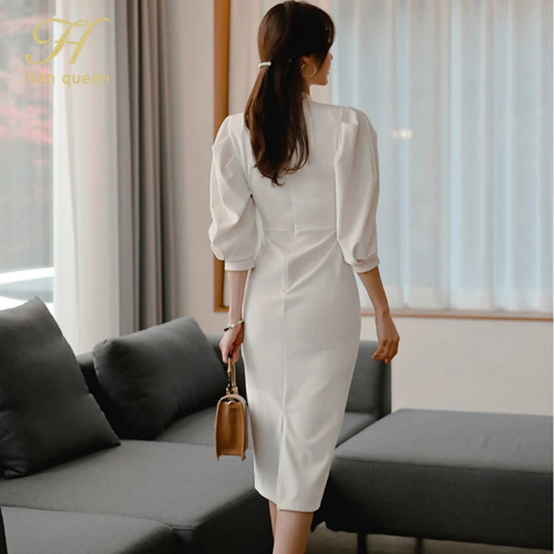 H Han Queen Hot sale Autumn Fashion Stand Collar Puff Sleeve Female Pencil bodycon Dress Slim Solid color Midi Casual Dresses