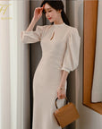 H Han Queen Hot sale Autumn Fashion Stand Collar Puff Sleeve Female Pencil bodycon Dress Slim Solid color Midi Casual Dresses