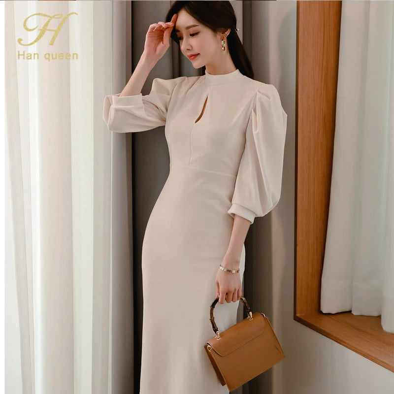 H Han Queen Hot sale Autumn Fashion Stand Collar Puff Sleeve Female Pencil bodycon Dress Slim Solid color Midi Casual Dresses