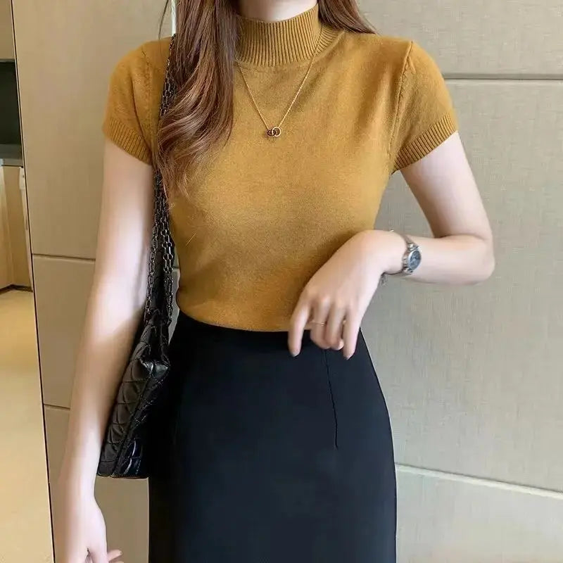 Women's Half-High Neck T-Shirt Fashion Jumper Style Elegant Solid-Coloured Clothing Spring And Summer Season