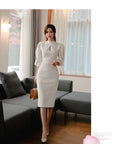 H Han Queen Hot sale Autumn Fashion Stand Collar Puff Sleeve Female Pencil bodycon Dress Slim Solid color Midi Casual Dresses