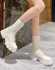 New Mid Calf Boots Women Autumn Winter Fashion Lace-up Ladies Chelsea Zipper Botas Mujer Boots Sports Platform Heel Ladies Shoes