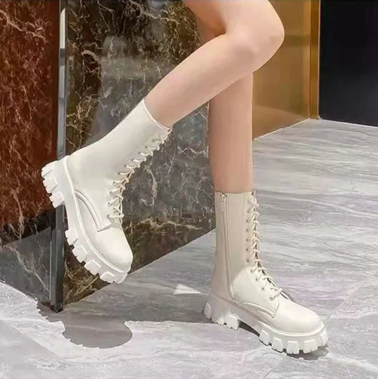 New Mid Calf Boots Women Autumn Winter Fashion Lace-up Ladies Chelsea Zipper Botas Mujer Boots Sports Platform Heel Ladies Shoes