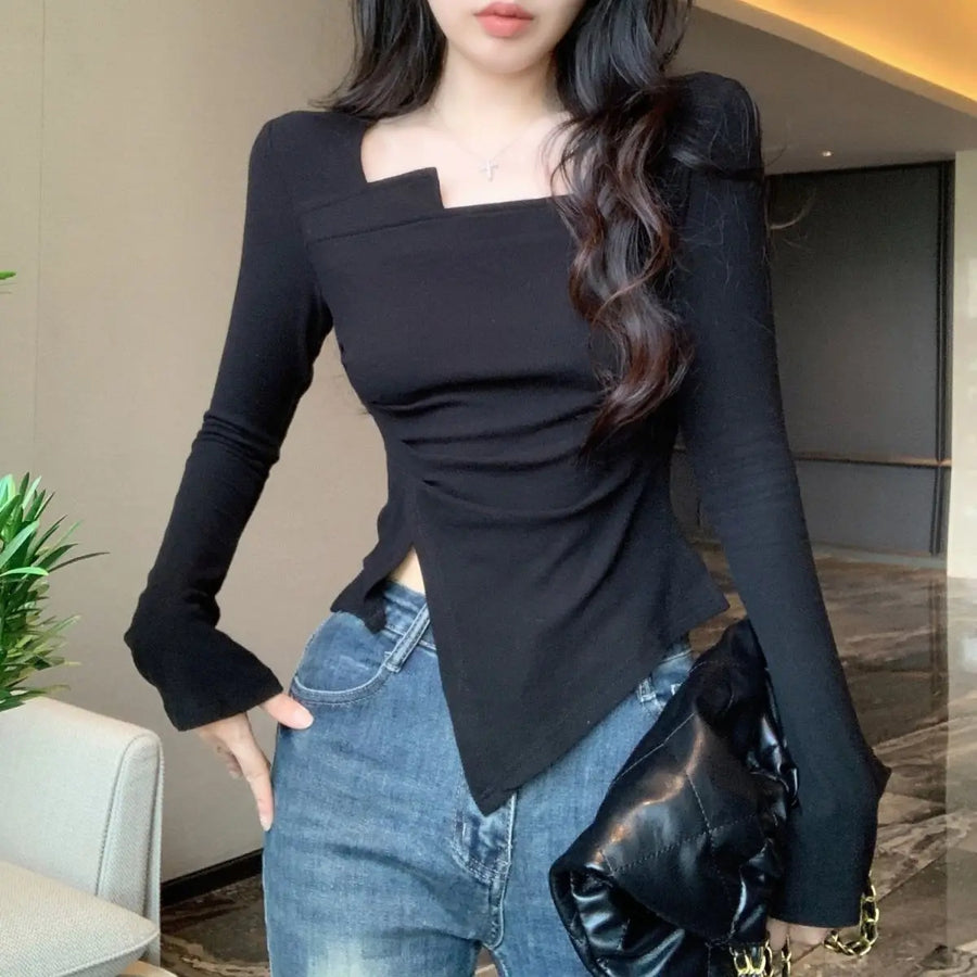 Irregular T Shirt for Women Autumn Slim Crop Top  Long Sleeve Solid Ladies Tshirts Femme ClothingNew