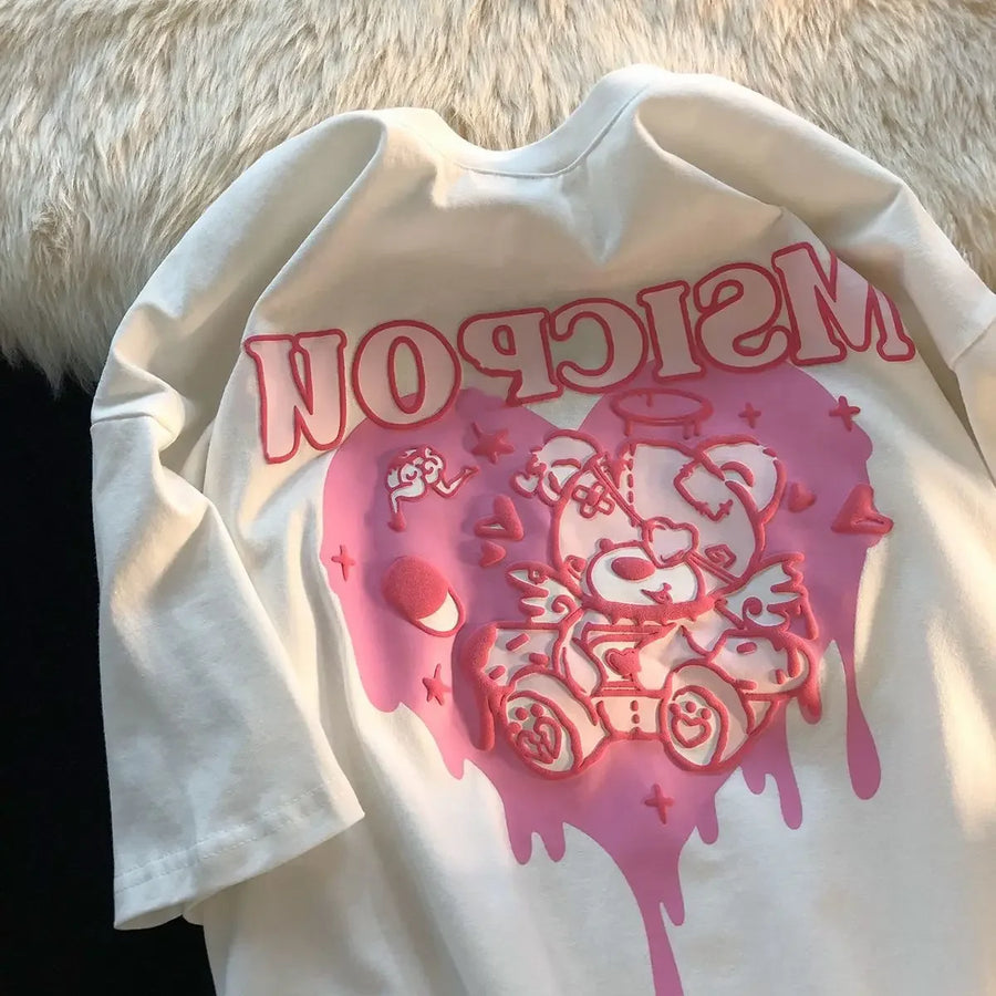 Kawaii Women's T Shirt Korean Pink Love Bear Print Short Sleeve T-Shirt Female Harajuku Tee Shirt Streetwear Tops Women Clothes