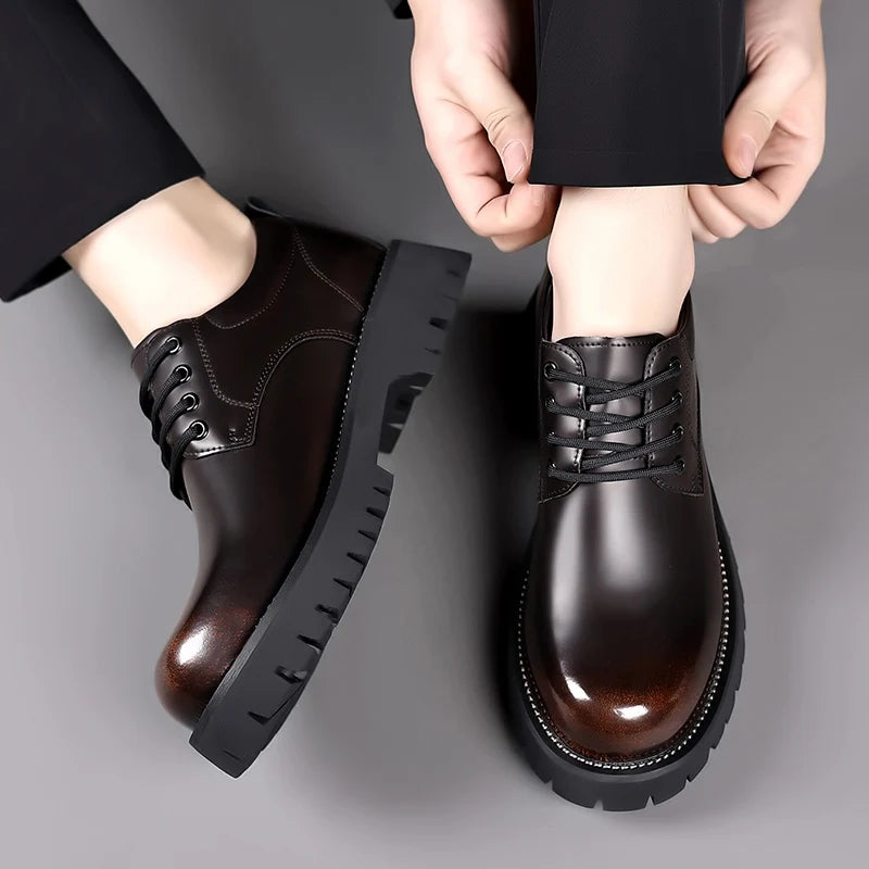 Classic Trends Spring Outdoor Men's Leather Shoes Platform Oxfords Male Derby Shoes Casual  Mens Lace Up Thick Soled Work Shoes