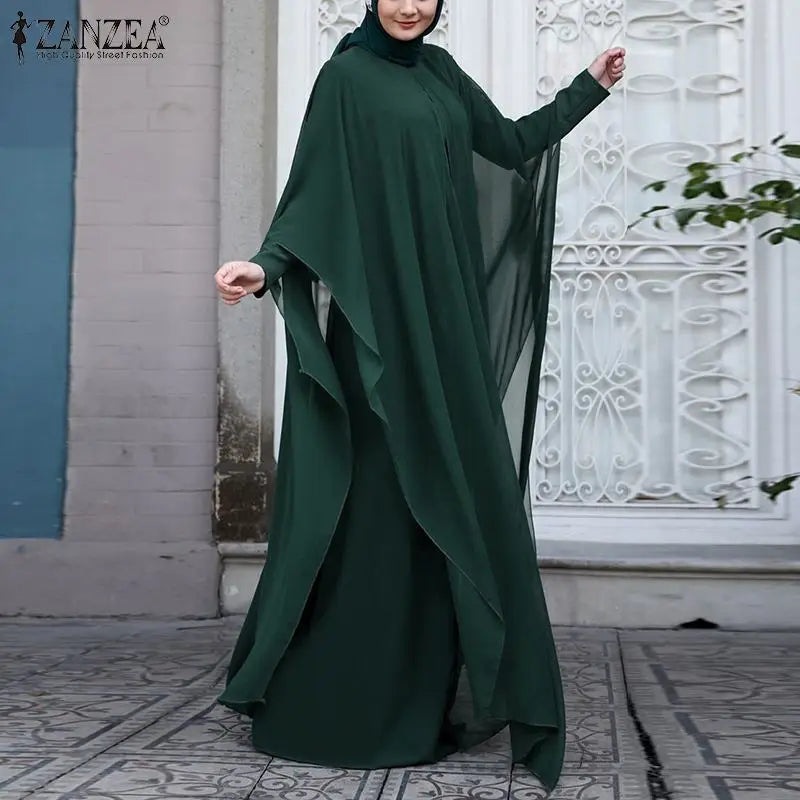 ZANZEA Fashion Summer Long Sundress Hijab Vestido 2pcs Women Long Sleeve Dress Party Kaftan Abaya