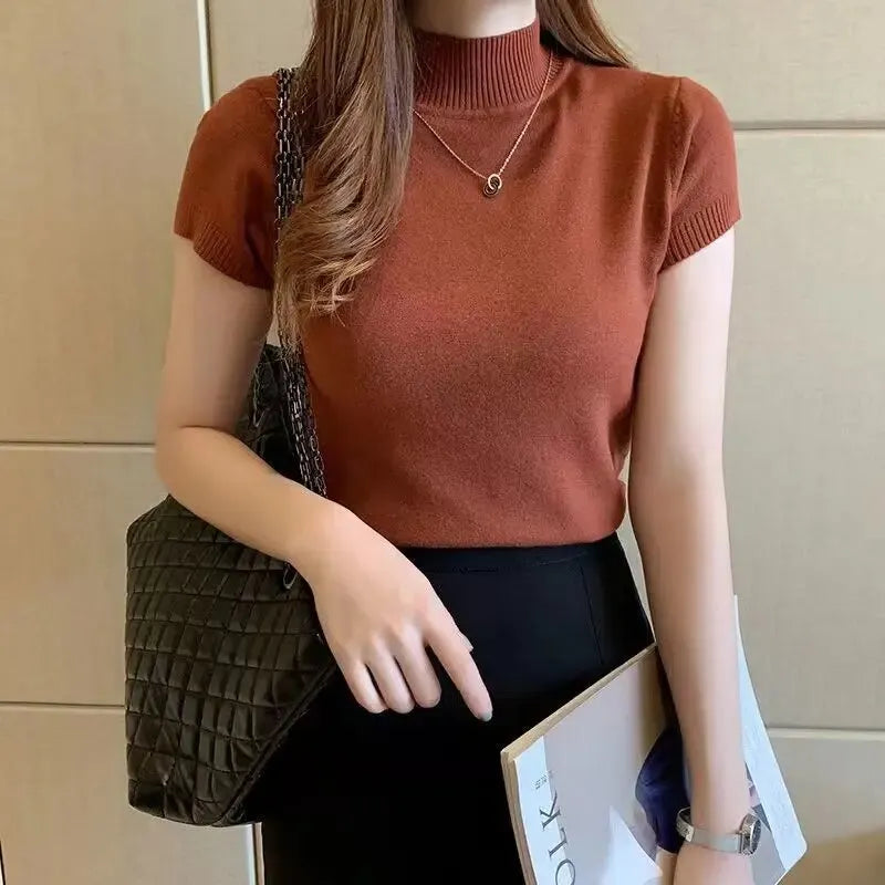 Women's Half-High Neck T-Shirt Fashion Jumper Style Elegant Solid-Coloured Clothing Spring And Summer Season