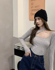 Y2K T-shirt Woman Autumn Sexy Skinny Tee Shirt Femme Long Sleeve Halter Clothes Hollow Out Korean Fashon Kpop Tops Tshirt