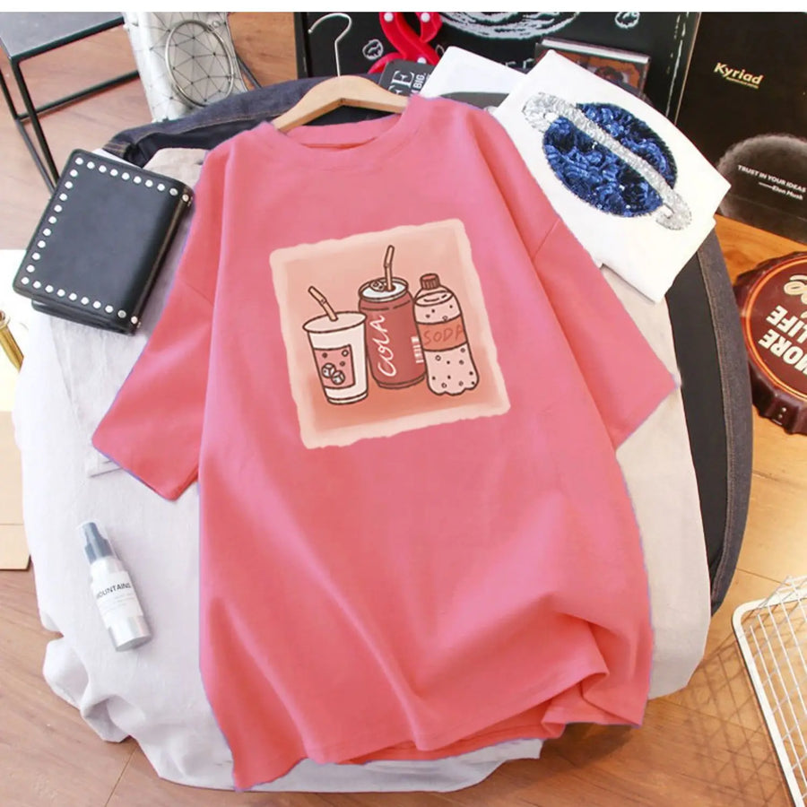 Pink Short Sleeve Oversized T-shirt Women's Loose Mid-Length Summer Printed O-Neck Tee European Style 2023 New Lover Tops