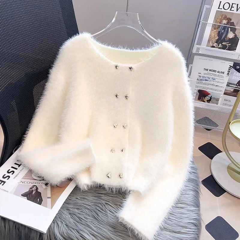 Winter Clothes Women Korean Style Loose Cardigans Round Neck Solid Color Fiocking Ladies Sweater Fall Winter Fashion New Coat