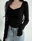 Sweetheart Neck Ruched T-shirt, Casual Long Sleeve Slim Crop Top