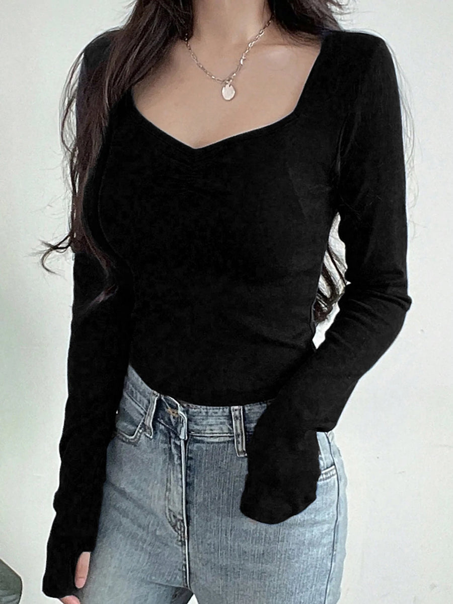 Sweetheart Neck Ruched T-shirt, Casual Long Sleeve Slim Crop Top