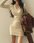 Women Knit Slim Bodycon Dress V-Neck Long Sleeve Dress Solid Casual Midi Sweater Dress For Women Autumn Winter