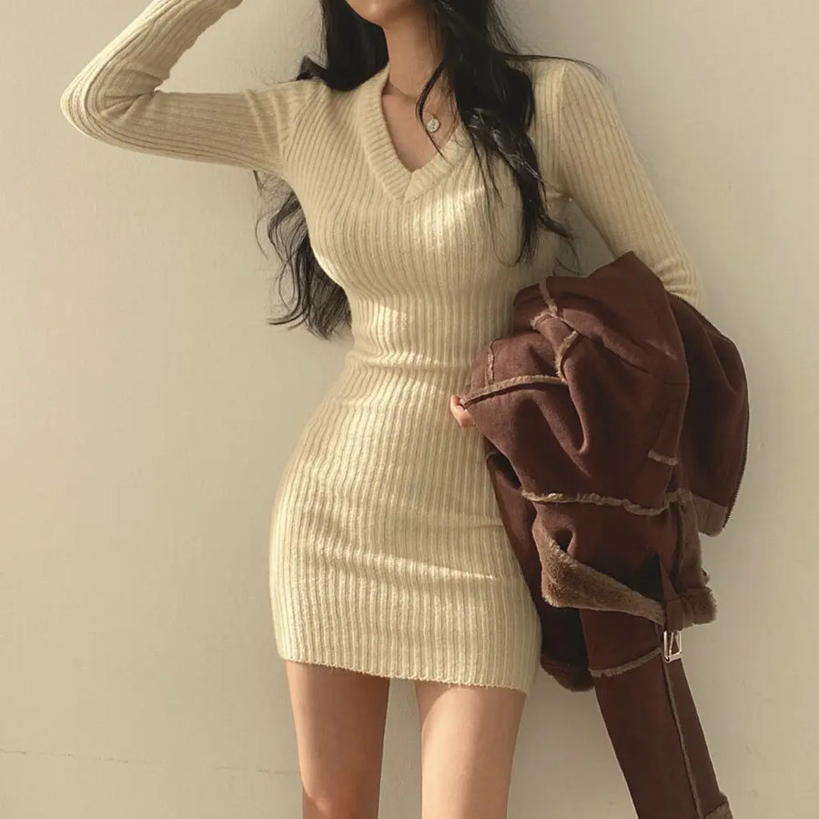 Women Knit Slim Bodycon Dress V-Neck Long Sleeve Dress Solid Casual Midi Sweater Dress For Women Autumn Winter