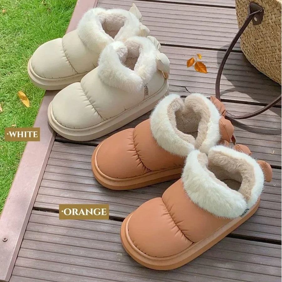 Bow Cotton Shoe Waterproof Plush Boots New Women Cute Warm Ankle Boots Ladies Outdoor Non-slip Thick Sole Snow Boot Furry