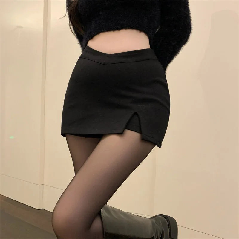 Black Split Mini Skirts Women High Waist Slit Skirt Streetwear Fashion Irregular Slim A Line Skirt