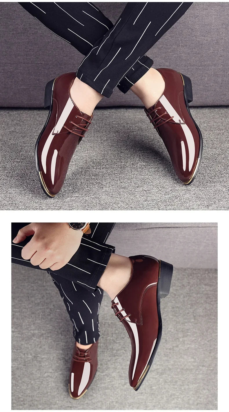 New Men’s Patent Leather Shoes  British Style Men's Dress Shoes Lace Up Pointed Toe Wedding Business Party Social Shoe Male