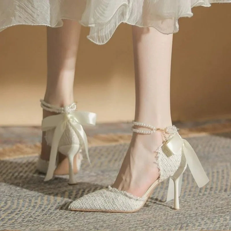 New White Women Thin Heel Hollow Sandals Woman Pearl Butterfly Pointed Toe High Heels Womens Shoe High Heel Pumps Wedding Shoes