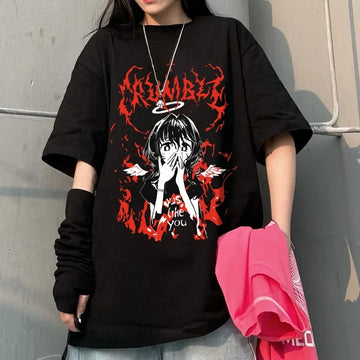 Gothic Punk Cartoon Short Sleeve Women T-Shirt O-Neck Harajuku Ulzzang Hip Hop Loose Casual Streetwear Aesthetic Clothes