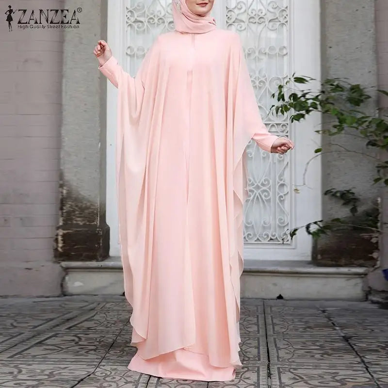 ZANZEA Fashion Summer Long Sundress Hijab Vestido 2pcs Women Long Sleeve Dress Party Kaftan Abaya