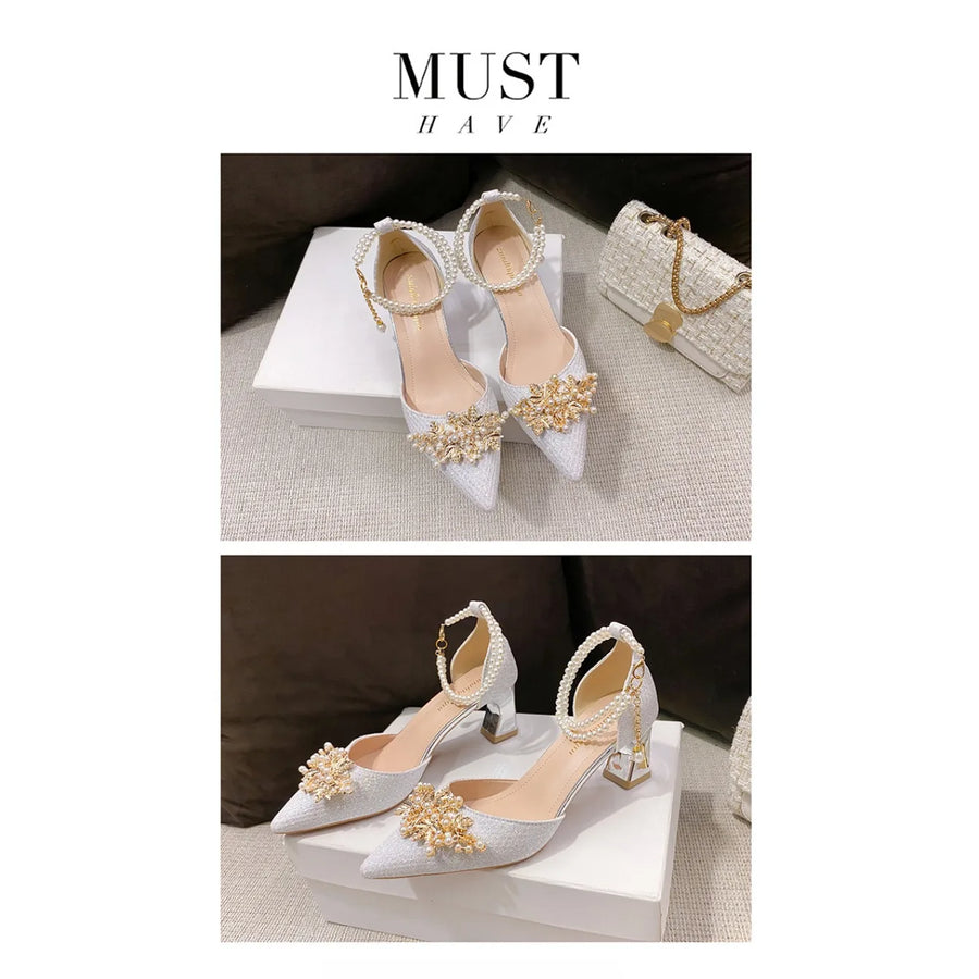 Shoes Women Summer High Heels Women Wedding Shoes Luxury Bride Gold Heels Mary Jane Shoes Ladies Pumps Sandals Zapatos De Mujer