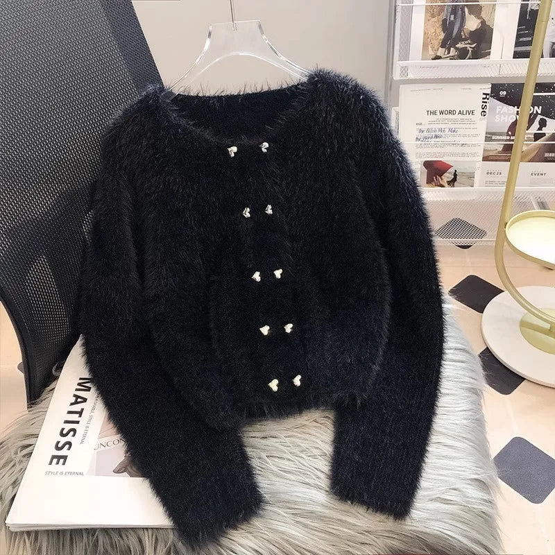 Winter Clothes Women Korean Style Loose Cardigans Round Neck Solid Color Fiocking Ladies Sweater Fall Winter Fashion New Coat