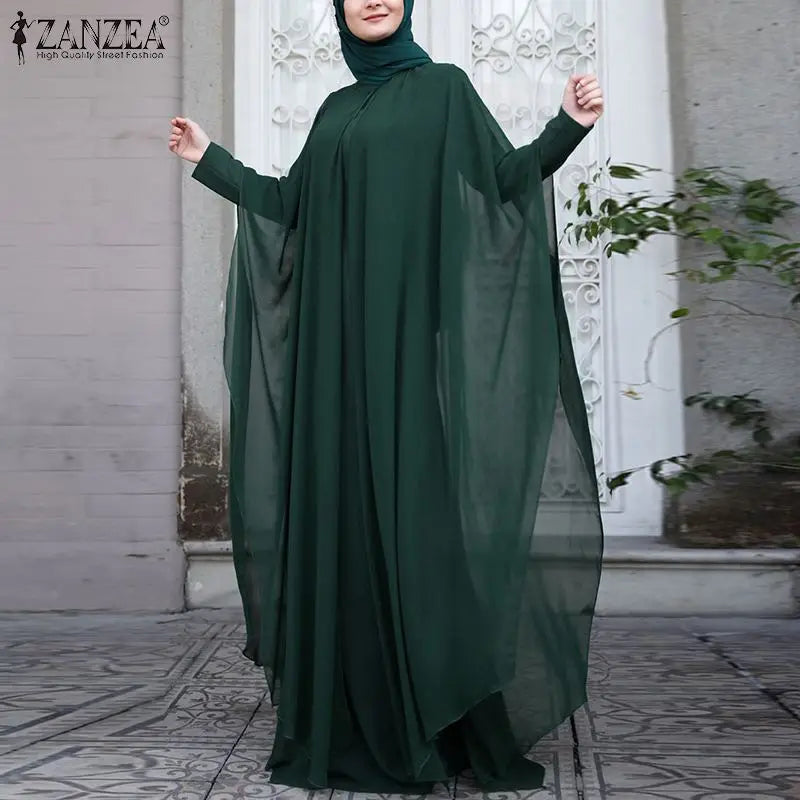 ZANZEA Fashion Summer Long Sundress Hijab Vestido 2pcs Women Long Sleeve Dress Party Kaftan Abaya